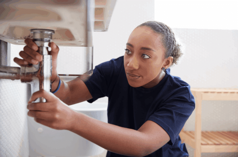 femme entretient un siphon travaux de logement